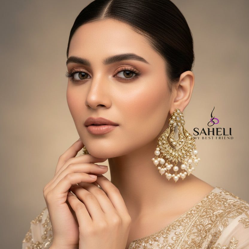 Pair of gold and pearl earrings on a dark background with 'SAHELI' branding.