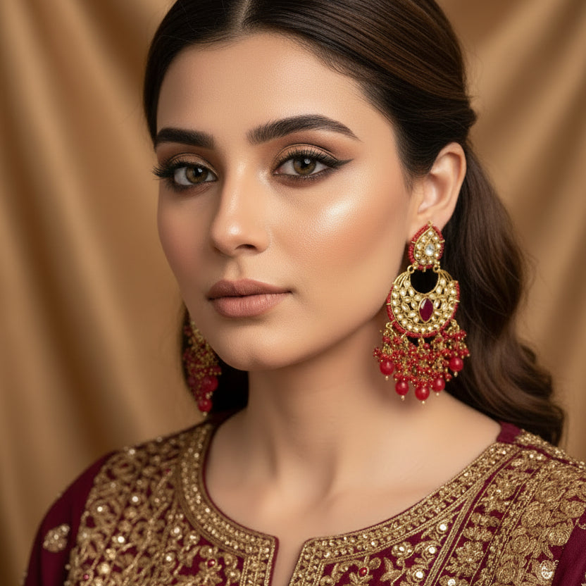 Red and gold earrings with 'SAHELI' branding on a dark background