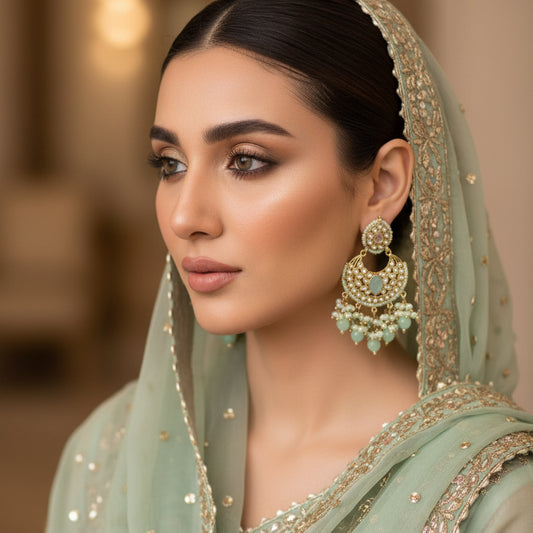 Ornate earrings with gold and green details on a dark background, branded 'Saheli'.