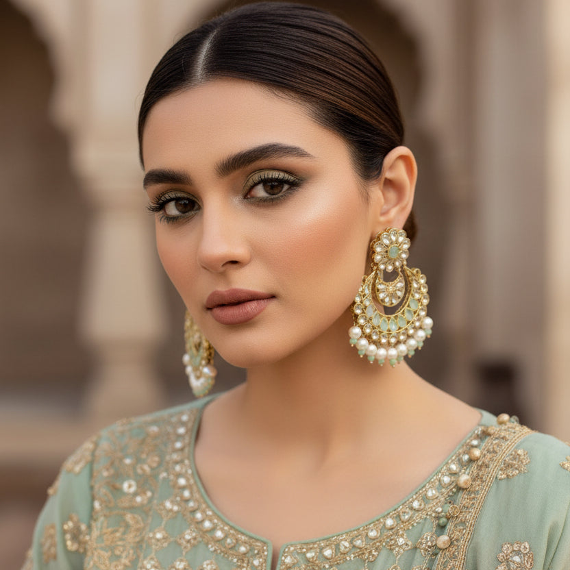 Pair of ornate earrings with green and gold details on a dark background