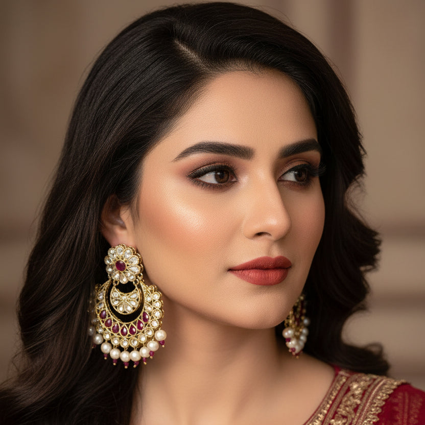 Pair of ornate earrings with pearls and red stones on a dark background