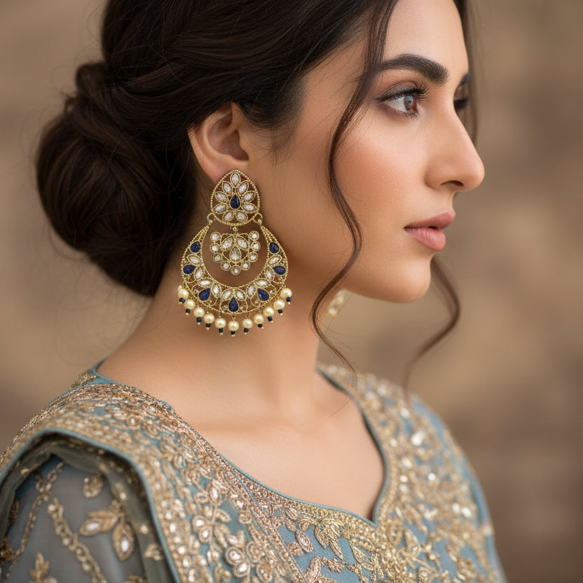 Pair of ornate earrings with gold, blue, and pearl details on a dark background