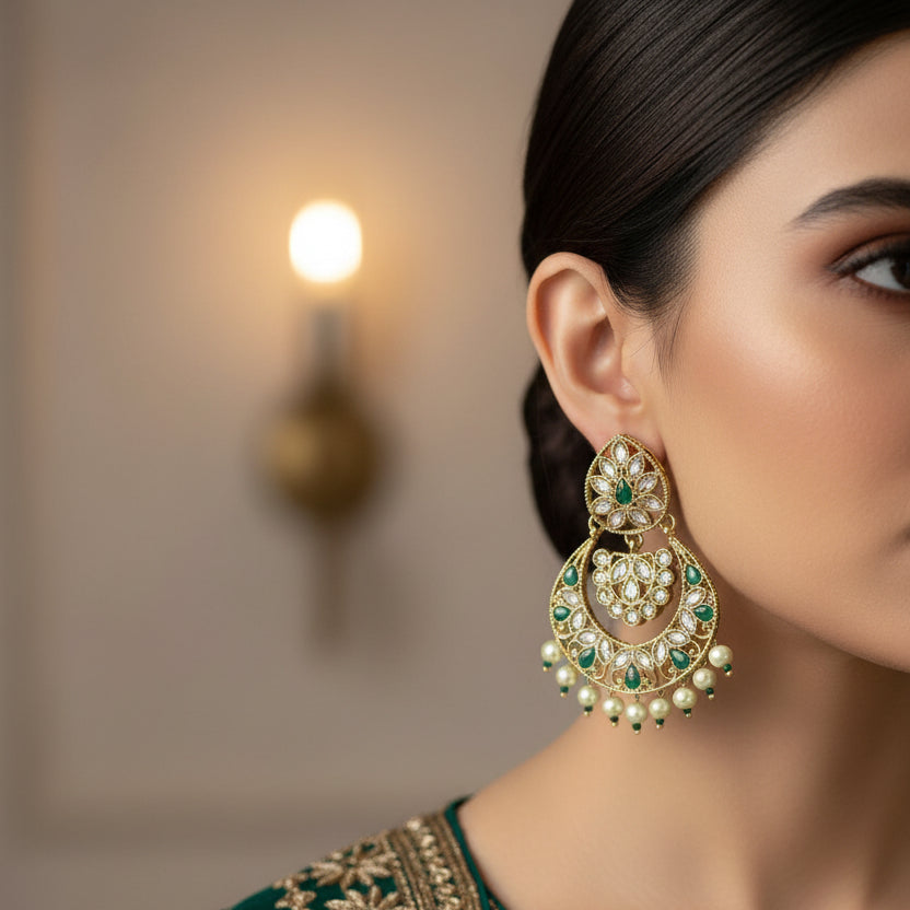 Pair of gold and green earrings on a dark background