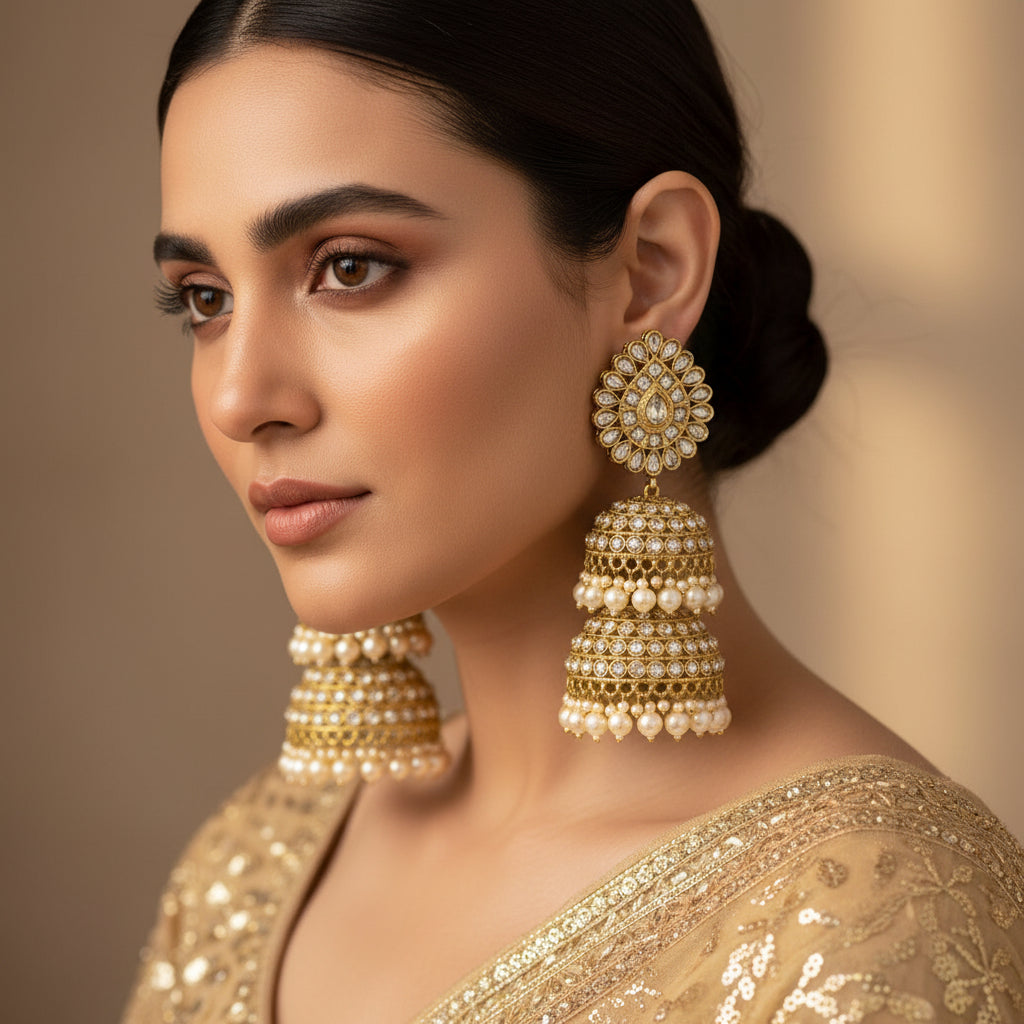 Gold and pearl earrings on a dark background with 'SAHELI' branding.