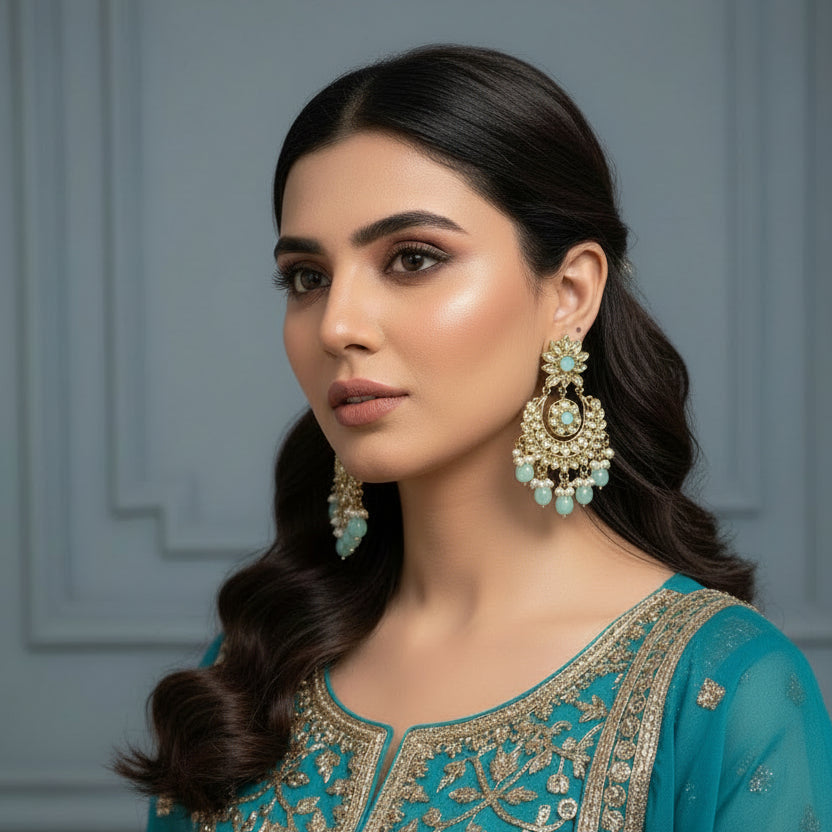 Ornate earrings with turquoise stones on a dark background, branded 'Saheli'.