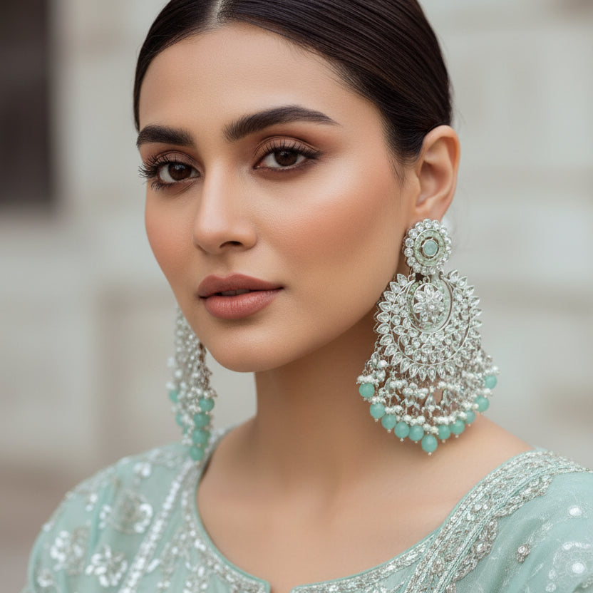 Pair of silver and turquoise earrings on a dark background