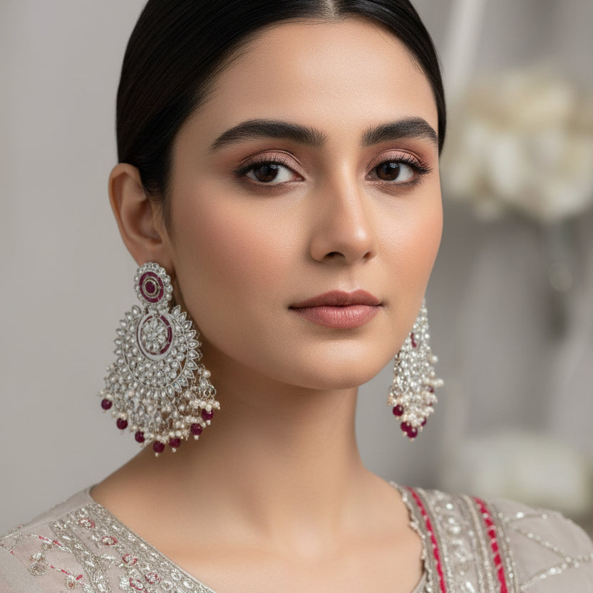 Ornate silver earrings with red gemstones on a dark background