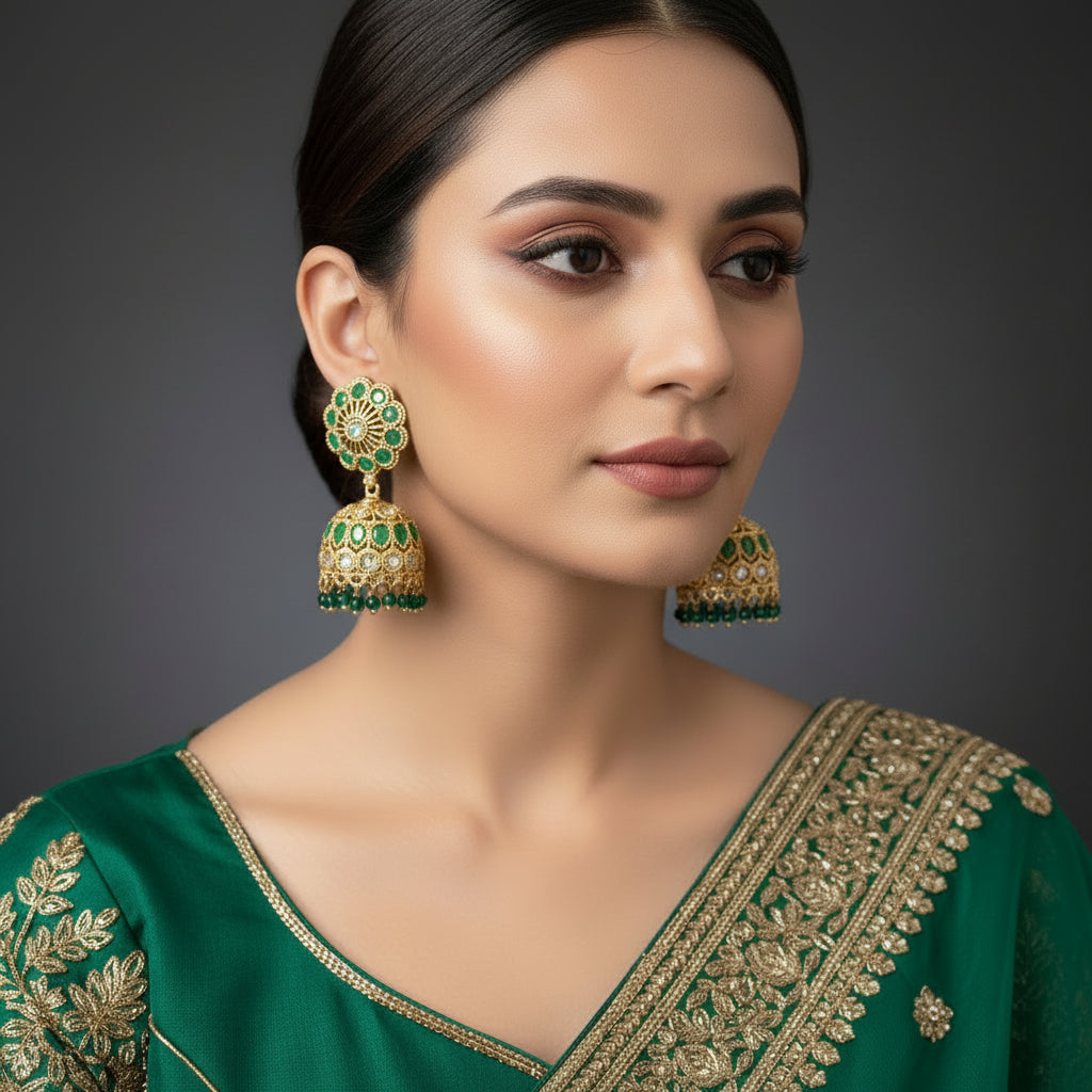 Gold and green earrings on a gray stand with 'SAHELI' branding.