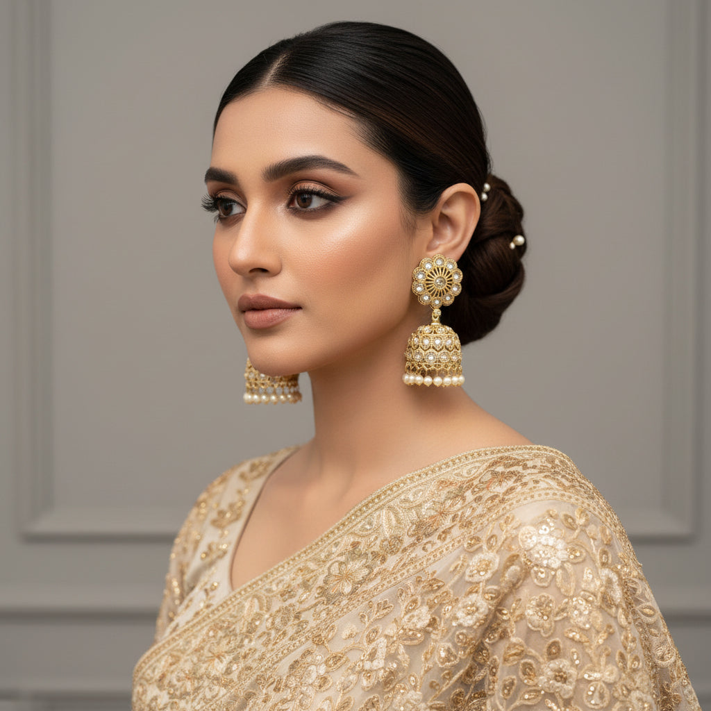 Gold and pearl earrings on a gray stand with 'Saheli' branding.