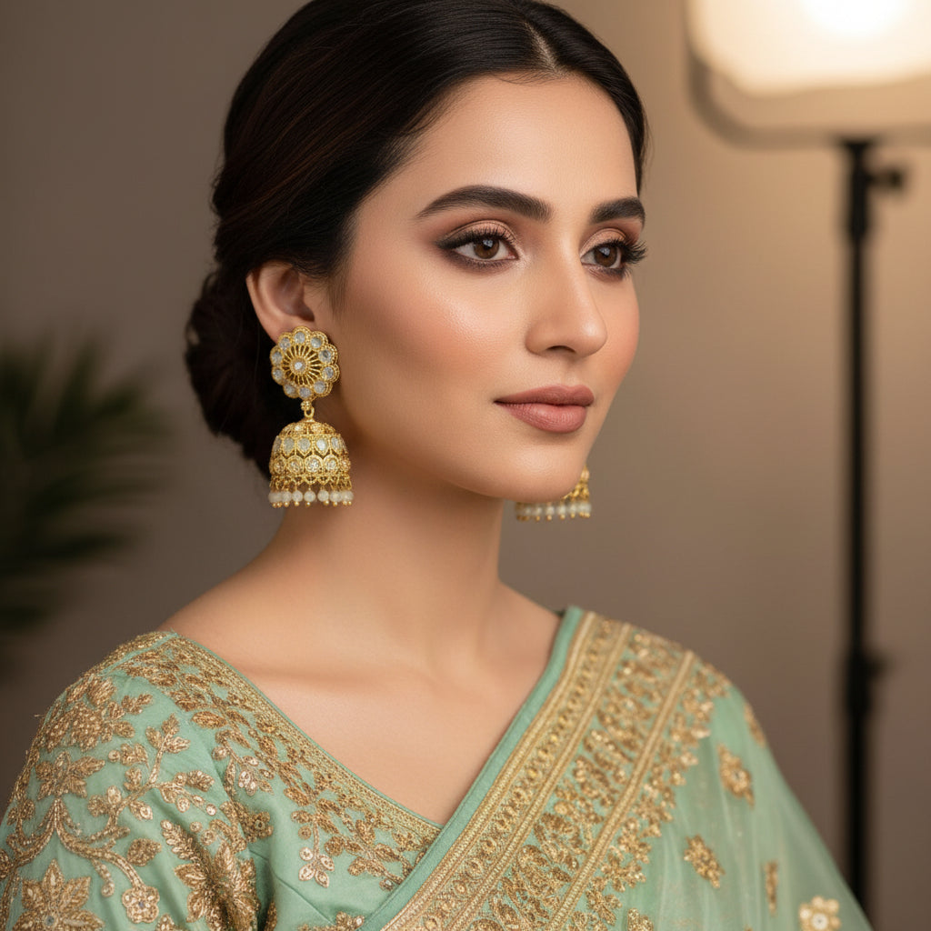 Gold and green beaded earrings on a gray stand with 'SAHELI' branding.