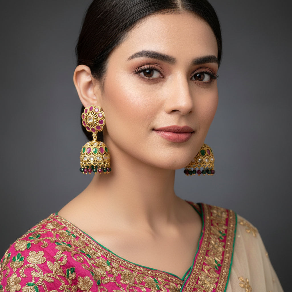 Gold earrings with gemstones on a gray stand, branded 'Saheli'.