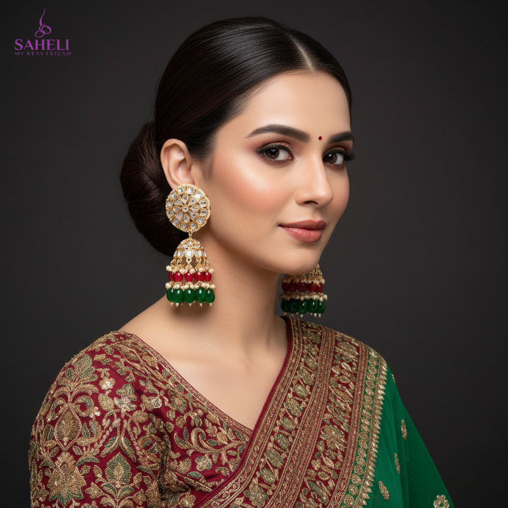 Ornate earrings with gemstones and pearls on a black background
