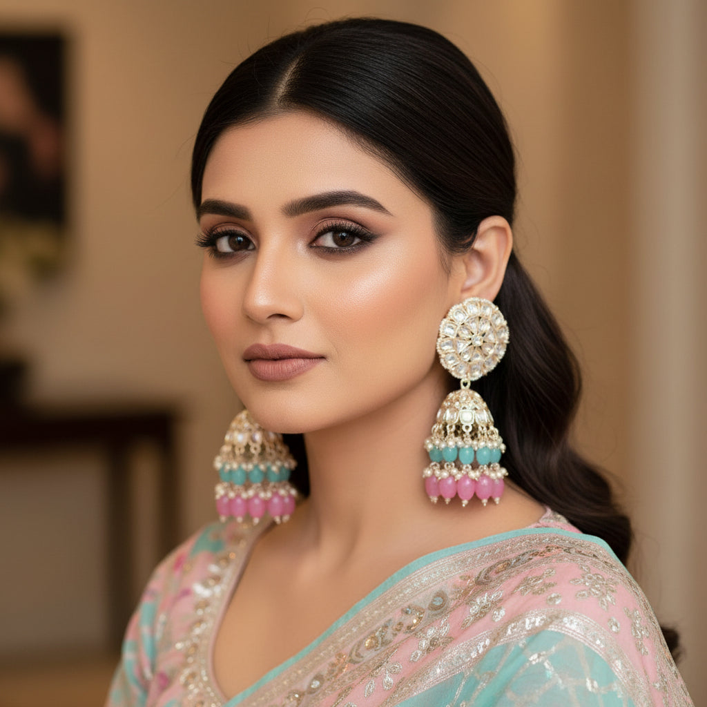 Ornate earrings with pink and blue stones on a dark background, branded 'Saheli'.