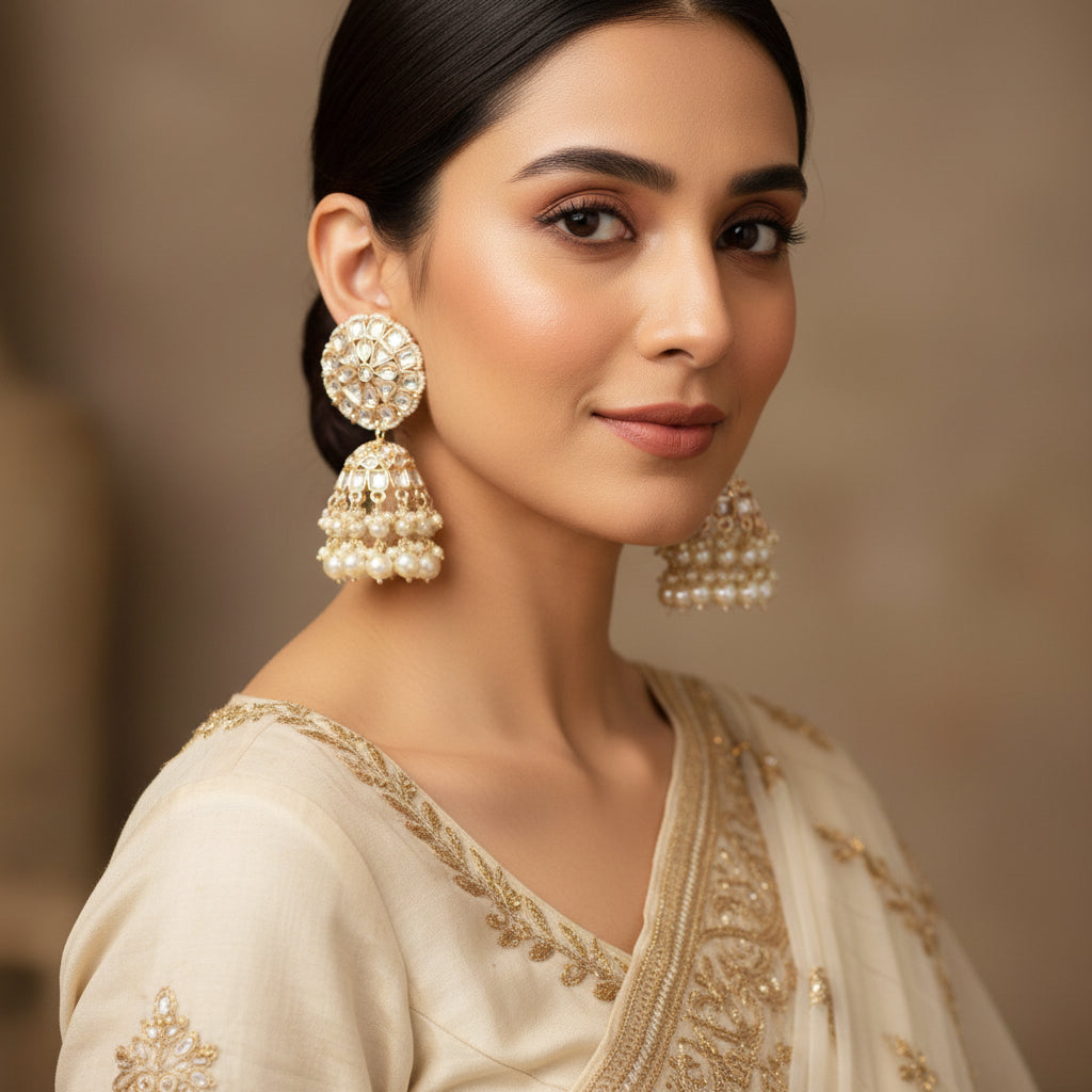 Ornate earrings with pearls and crystals on a dark background