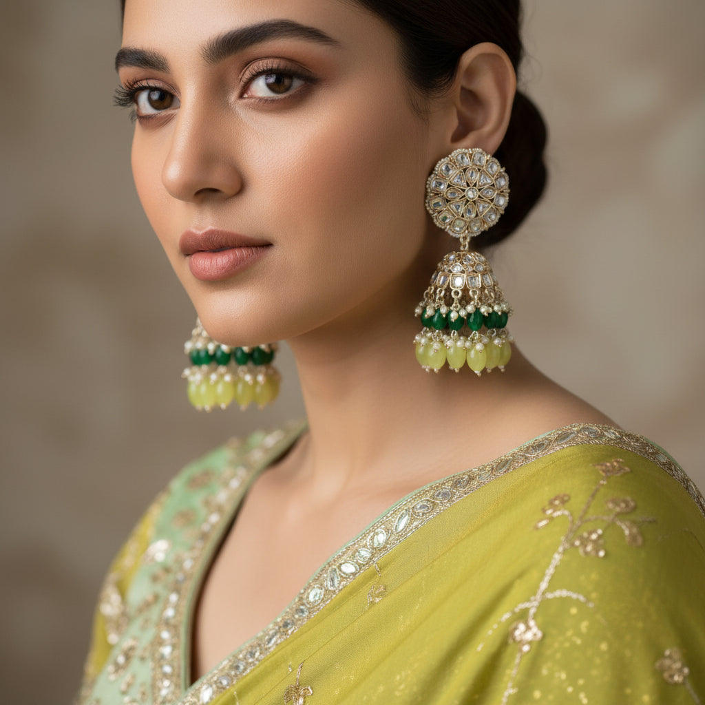 Ornate earrings with green beads on a dark background
