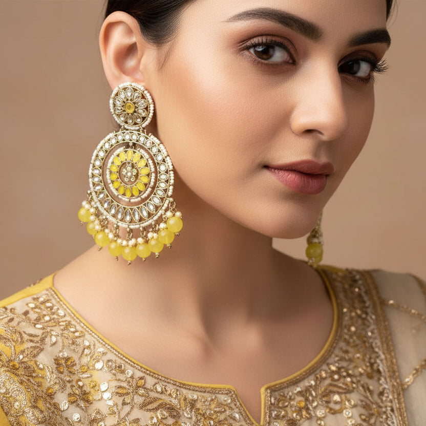 Ornate earrings with green stones on a dark background, featuring the brand 'Saheli'.
