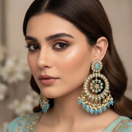 Ornate earrings with blue stones on a dark background, branded 'SAHELI'.