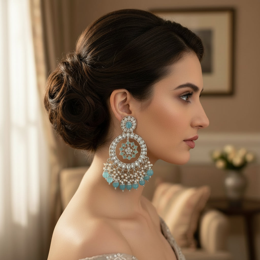 Pair of ornate earrings with blue beads on a gray background, branded 'Saheli'.