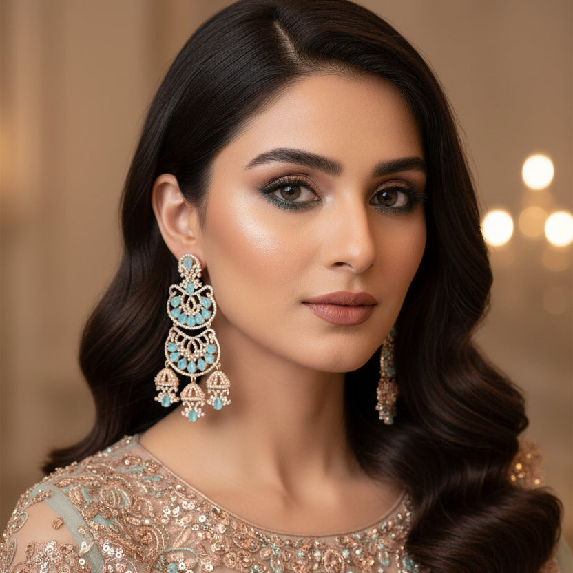 Ornate earrings with turquoise stones on a dark background, branded 'Saheli'.