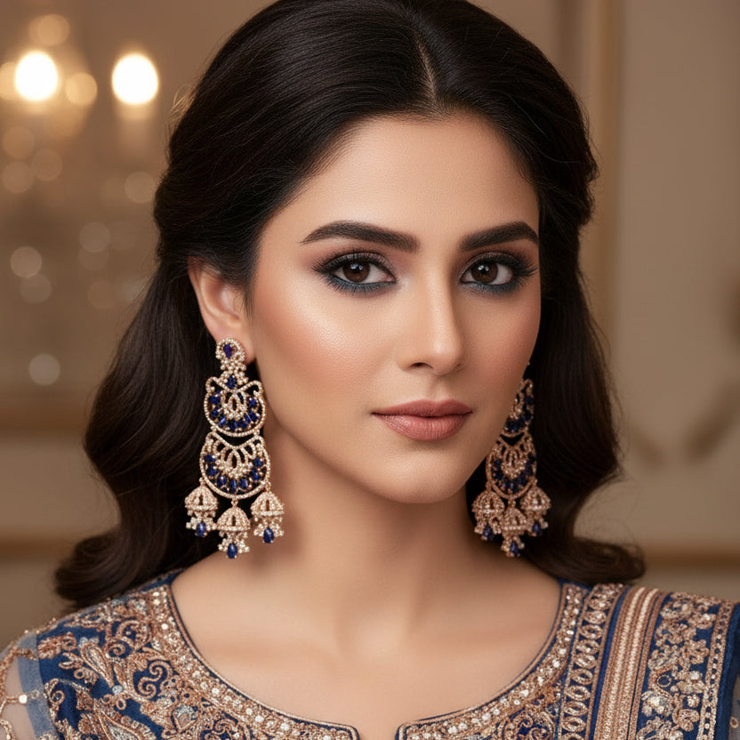 Ornate earrings with blue stones on a gray background, branded 'SAHELL'.