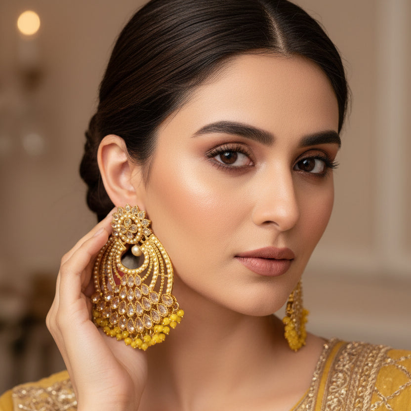Gold earrings with intricate design on a gray surface