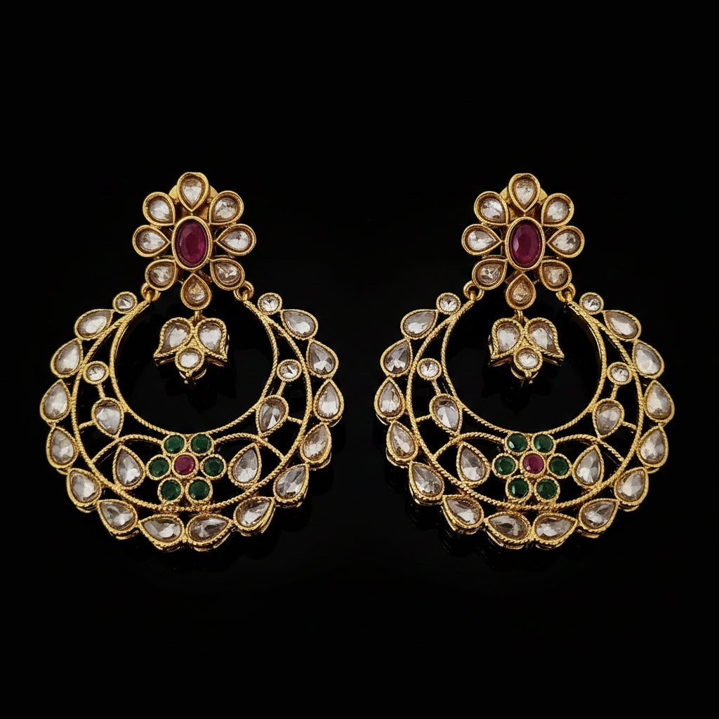A pair of gold-toned Indian chandbali earrings adorned with clear stones and small red and green enamel accents, displayed on a dark reflective surface with the brand logo 'SAHELI MY BEST FRIEND' above.