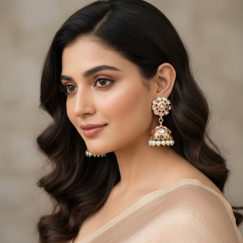 Gold and pearl earrings on a gray stand with 'SAHELI' branding.