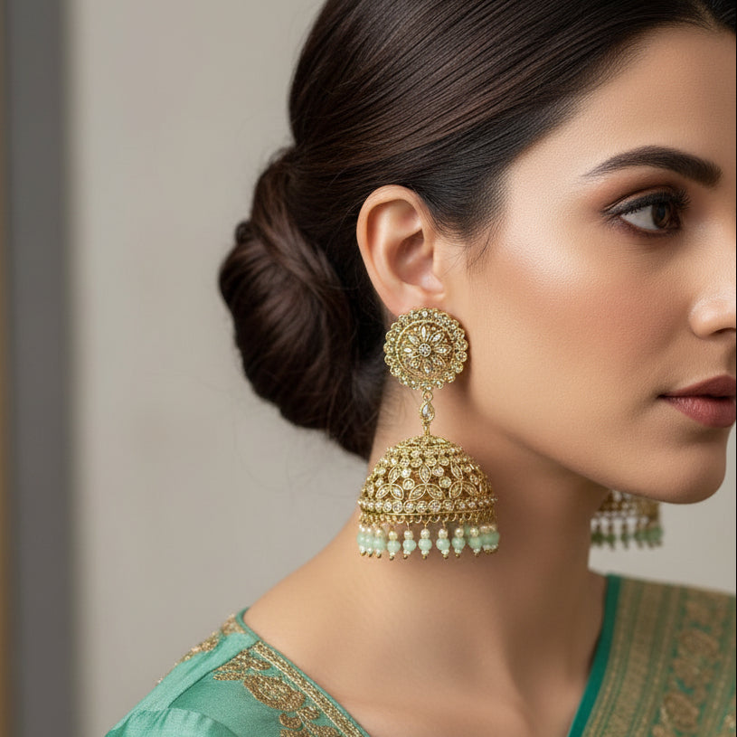 Gold and green earrings on a dark stand with 'Saheli' branding.