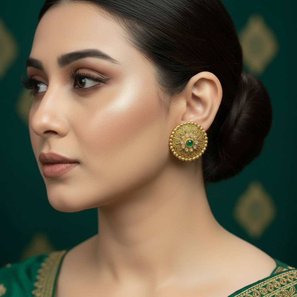 Pair of gold earrings with green gemstones on a dark surface