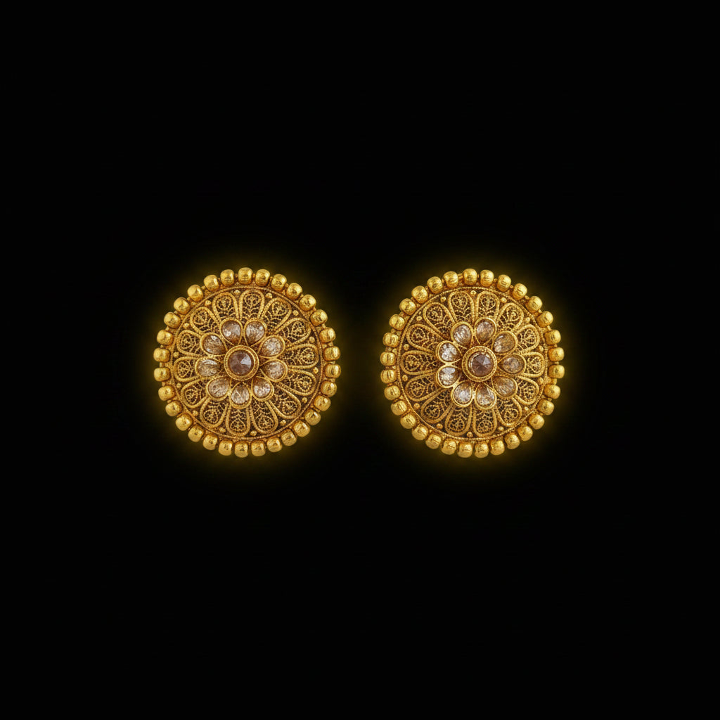 Pair of gold earrings with intricate designs on a dark surface
