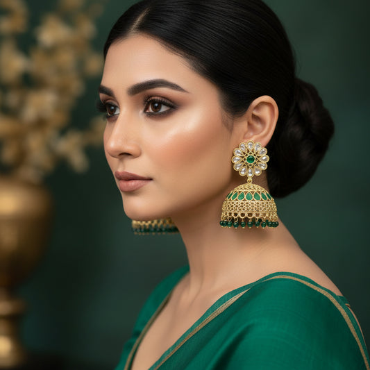Gold and green earrings on a dark background