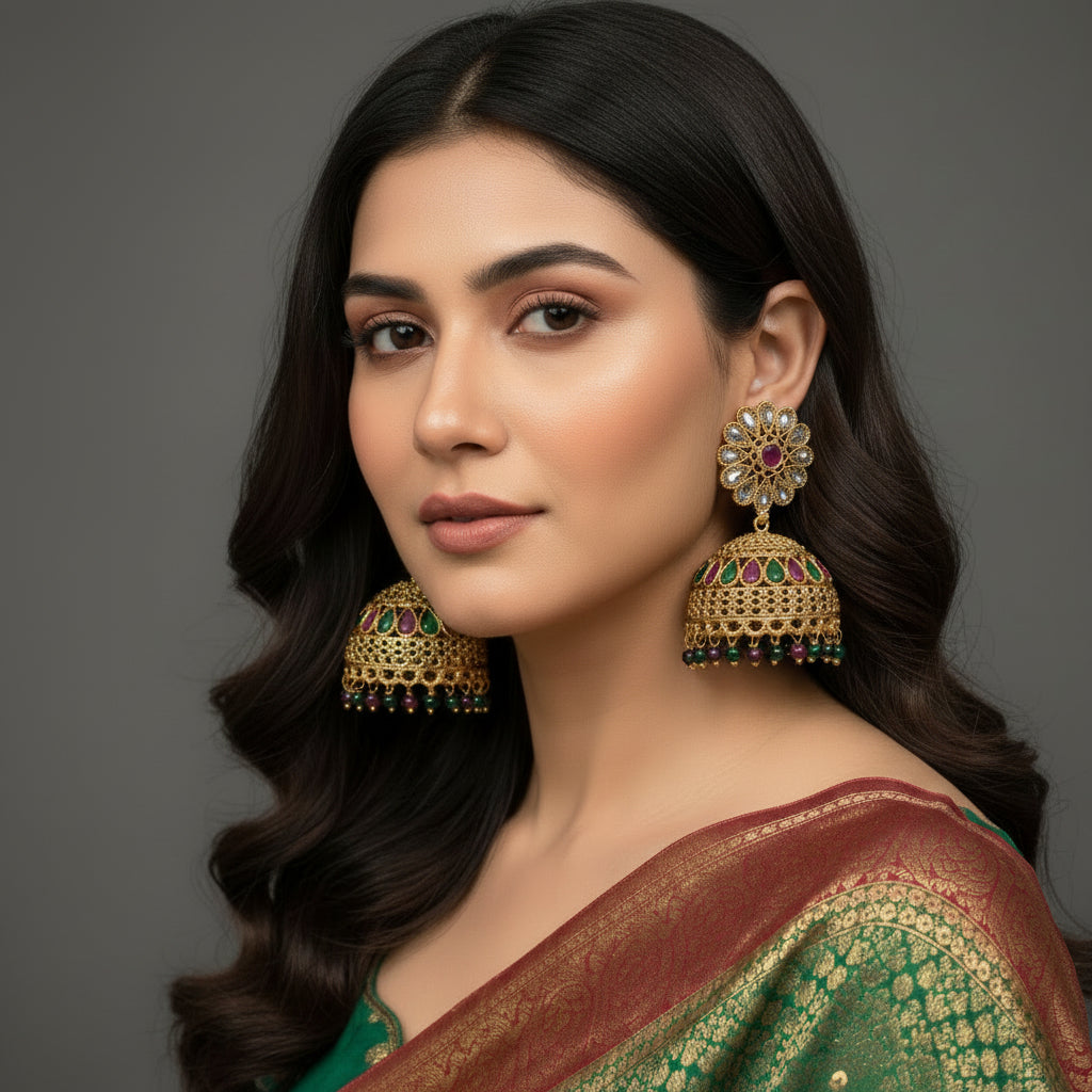 Ornate gold earrings with colorful gemstones on a dark stand against a gray background