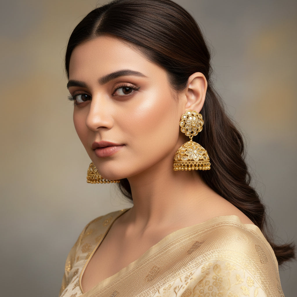 Gold earrings with intricate designs on a gray stand against a light blue background