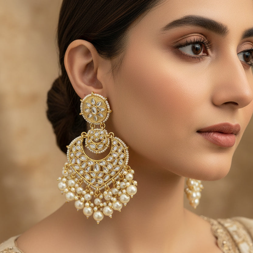 Pair of gold and pearl earrings on a black background