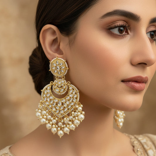 Pair of gold and pearl earrings on a black background