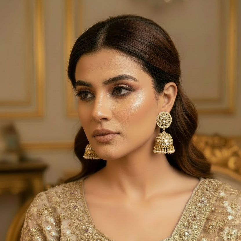 Pair of gold and pearl jhumka earrings on a black stand.