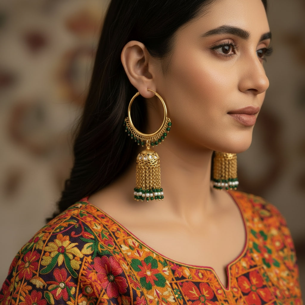 Gold hoop earrings with green beads on a black background, branded 'Saheli'.