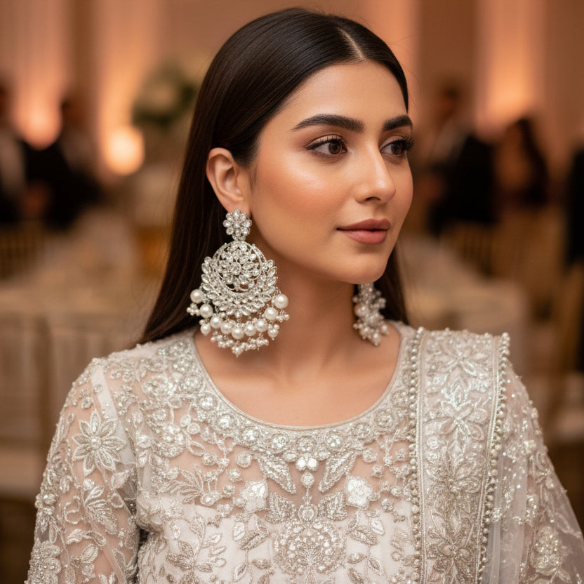 Pair of silver and pearl earrings on a dark background