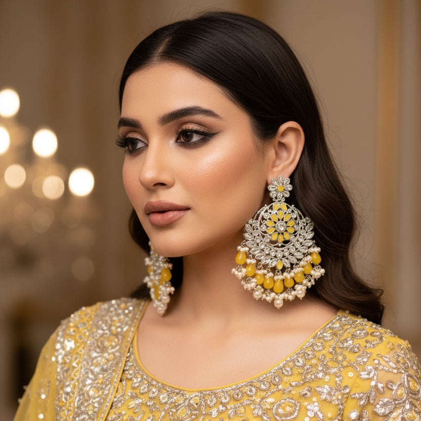 Pair of silver and yellow beaded earrings on a dark background