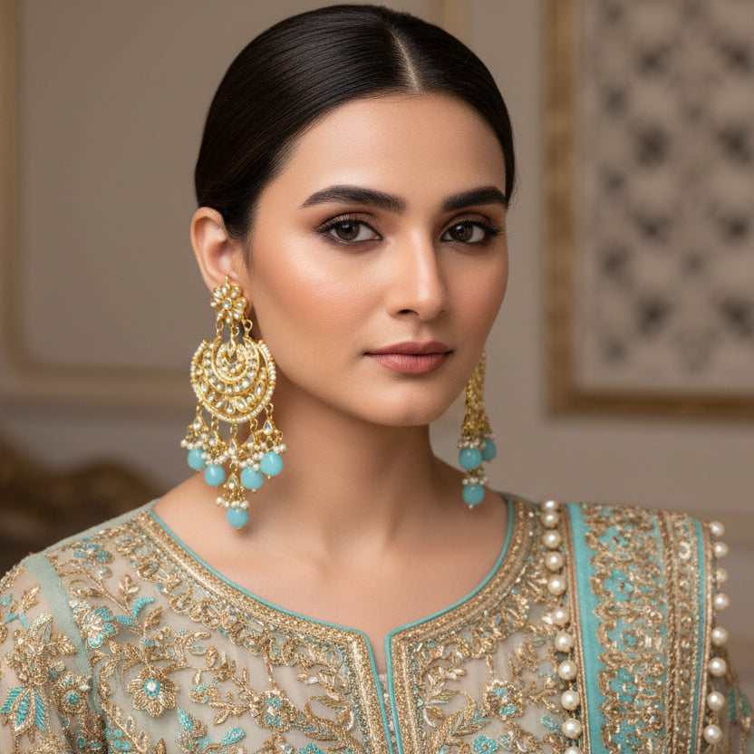 Gold and turquoise earrings on a dark background