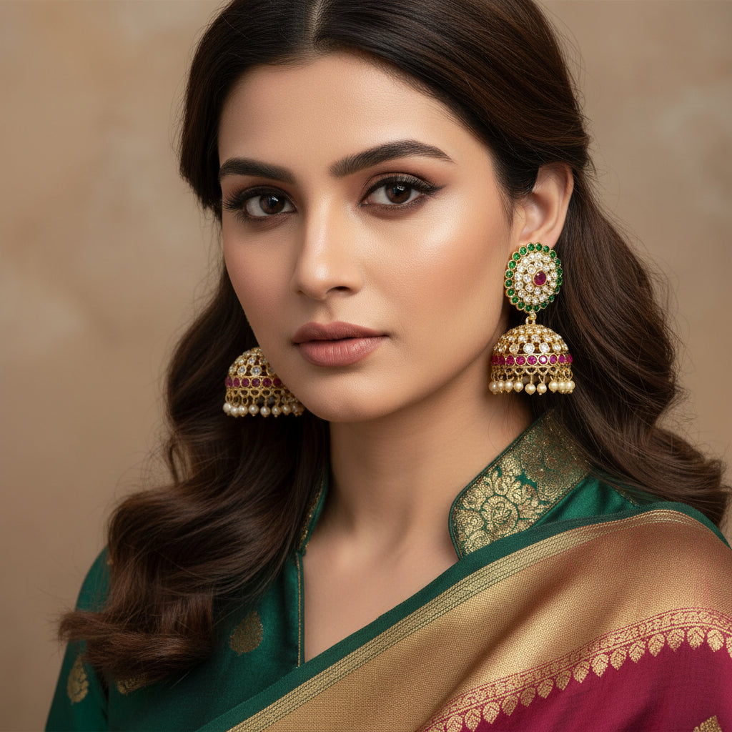 Ornate gold earrings with gemstones and pearls on a dark background, featuring the brand 'Saheli'.