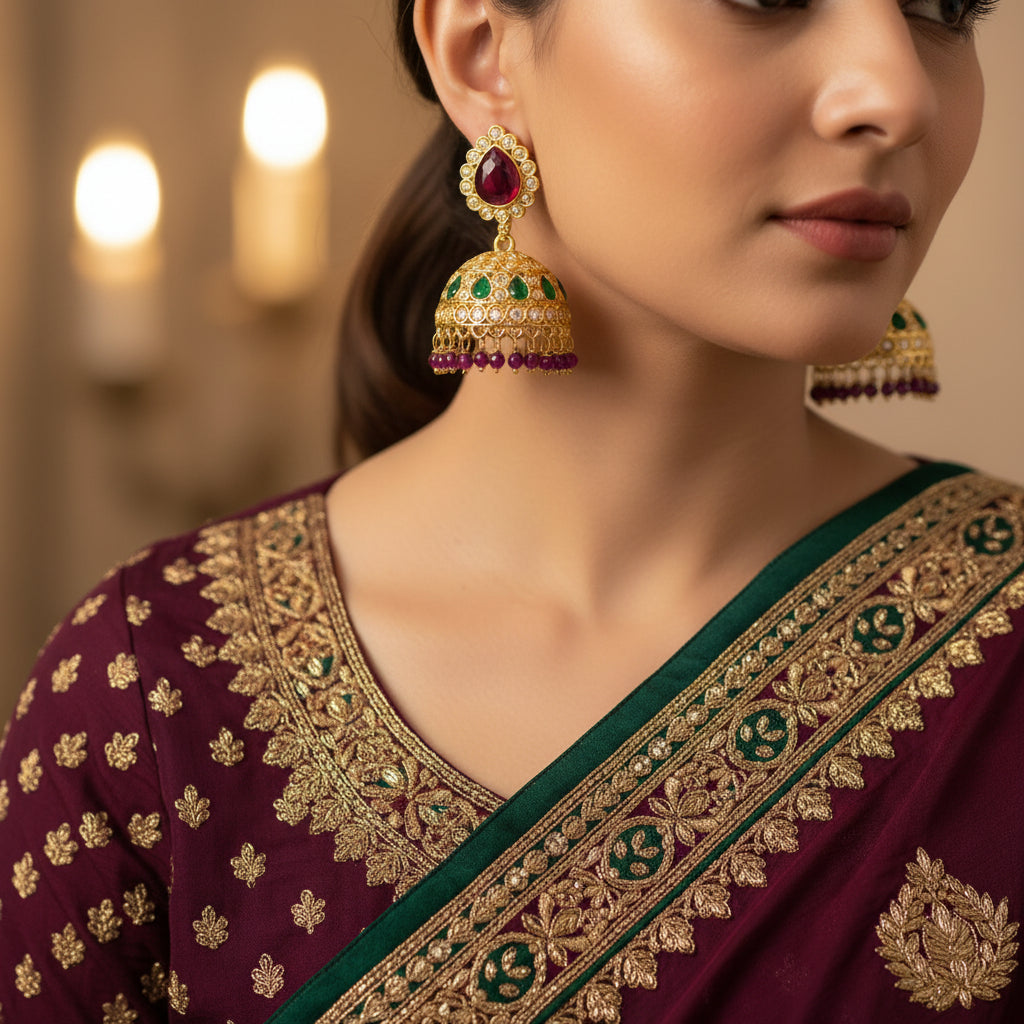 Gold earrings with gemstones on a black background, featuring the Saheli brand.