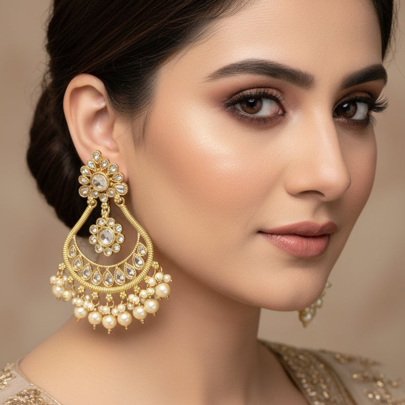 Gold and pearl earrings with 'Saheli' branding on a dark background