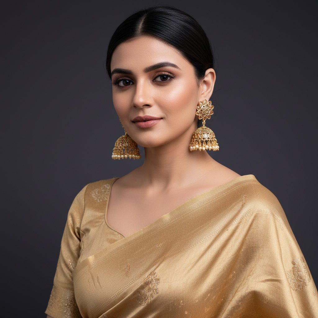 Gold and pearl earrings on a black stand with 'Saheli' branding.