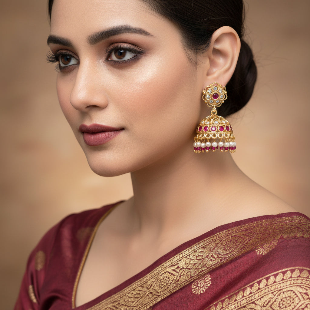 Ornate gold earrings with red and white stones on a dark background, featuring the brand 'Saheli'.