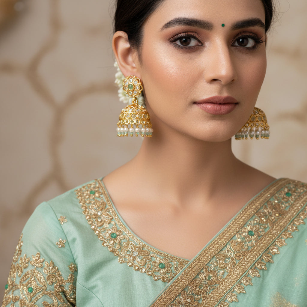 Gold and pearl earrings on a dark background with 'Saheli' branding.