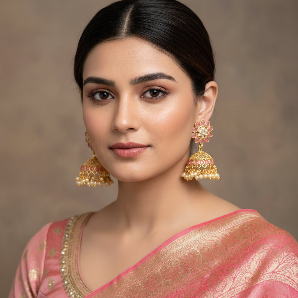 Ornate gold and gemstone earrings on a dark background