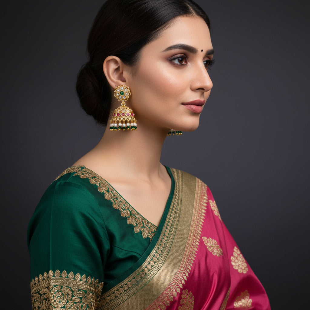 Ornate earrings with gemstones on a dark background, featuring the brand 'Saheli'.