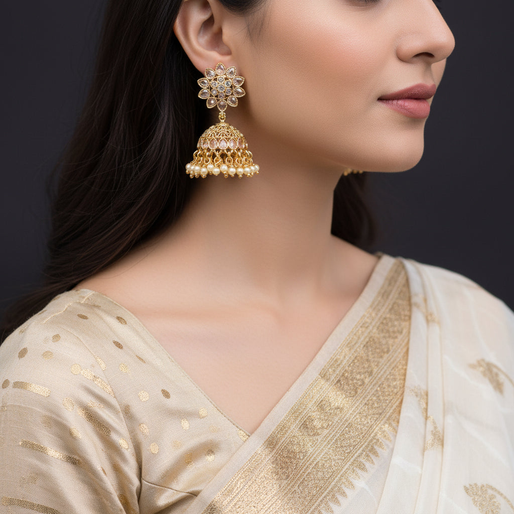 Gold and pearl earrings on a dark background with 'SAHELI' branding.