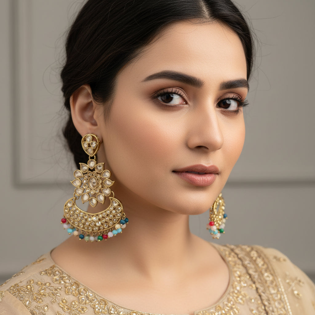 Gold earrings with gemstones on a gray stand, branded 'Saheli'.